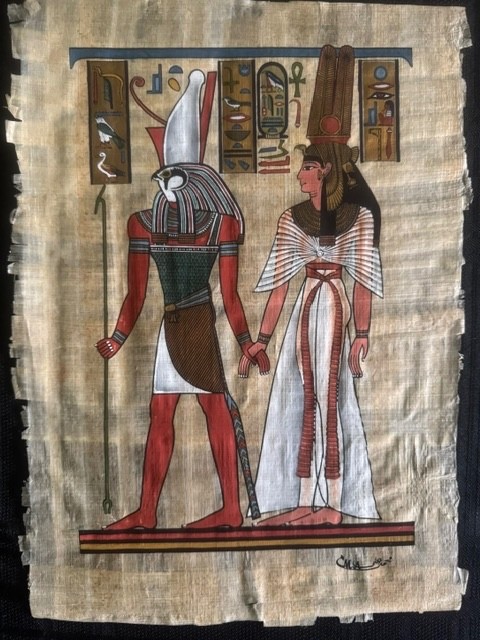 Egyptian Papyrus Painting Horus & Nefertari - Handmade 10"X13.5"(approx.) Signed