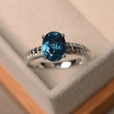 925 Sterling Silver Blue Topaz Dainty Women Ring Duty Free
