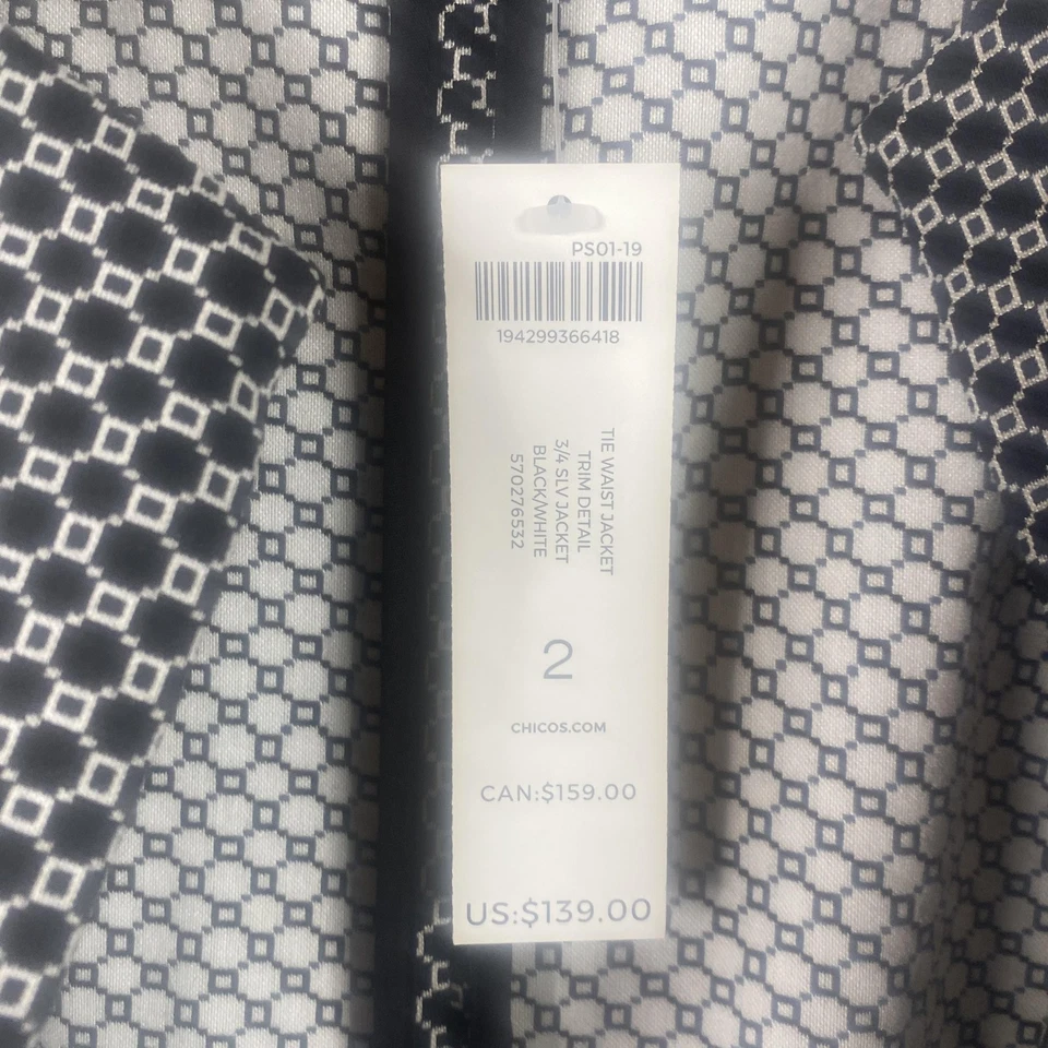 Chicos Jacket Womens 2 Large Black White Tie Waist 3/4 Sleeve Kimono NEW - Image 4 of 4