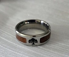 Stainless Steel Wide Band Ring Acacia Tree Silver Tone Faux Wood Men's Size 11