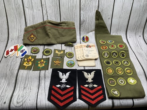 Lot of Vintage Boy Scouts Items- Badges, Hat, And Report Cards