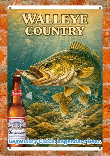 King Of Beers BUDW Walleye Fishing Metal Sign Vintage Style Wall Decor  Read Des