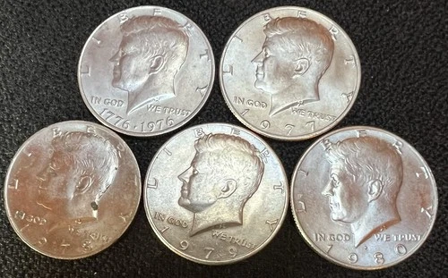 Lot of 5 UNC John F Kennedy Half Dollars 1976 1977 1978 1979 1980 202B 205 RS