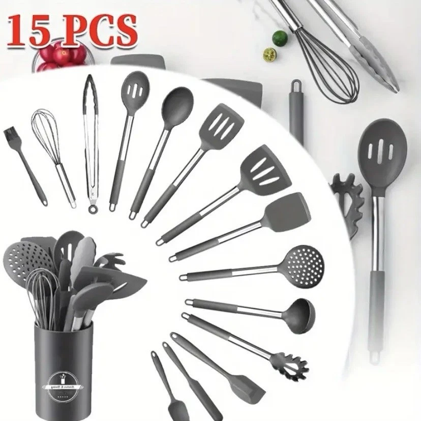 Kitchen Utensils Set Silicone Cooking Nonstick Spatula Turner Spoon Tools 15PCS
Opens in a new windo