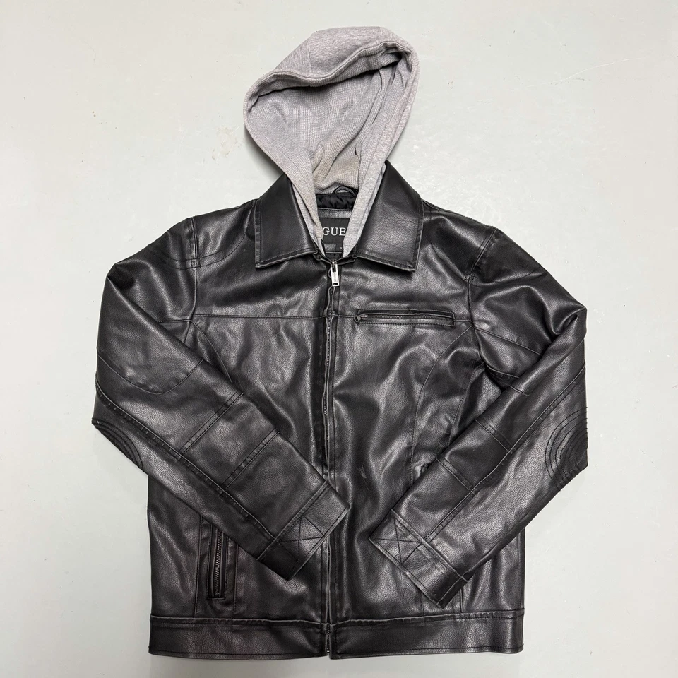 Guess Vegano Imitación Cuero Moto Chaqueta Para Hombres Pequeña Gris Extraíble Sudadera con Capucha Motociclista NUEVO Foto 2 de 4