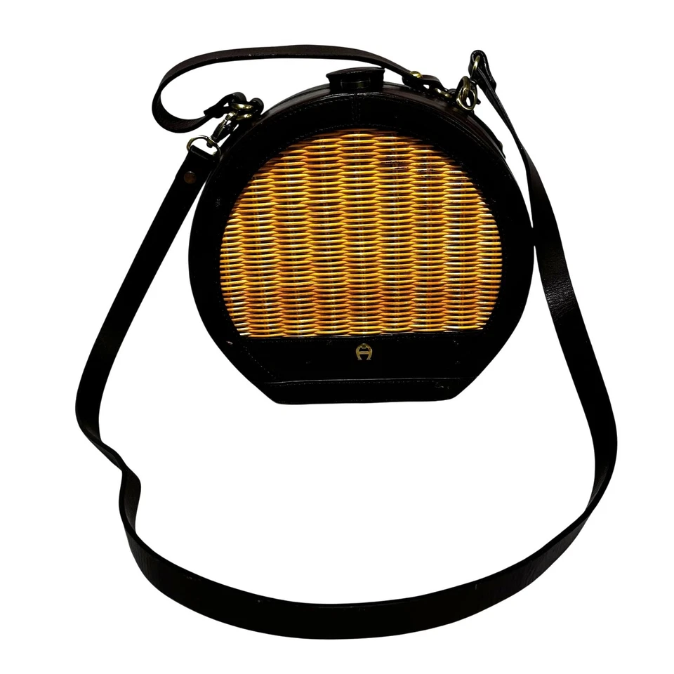 Bolso de hombro Etienne Aigner 2 vías ratán y cuero caja redonda monedero años 70 Foto 2 de 4