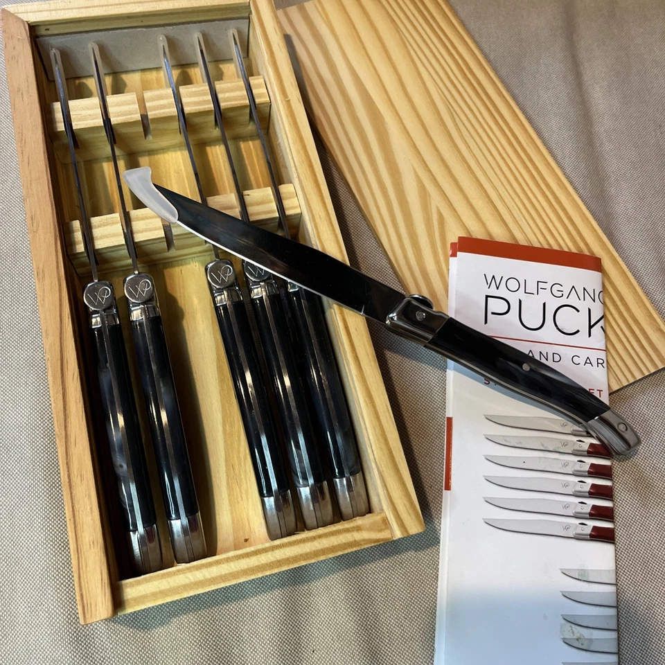 Juego de 6 cuchillos para carne Wolfgang Puck estilo mármol azul mango 4,5" con caja de madera  Foto 3 de 4