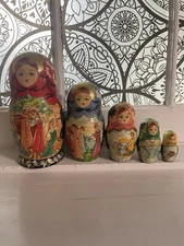 Wooden 5 Doll Hand Painted Fairy Tale Russian Matryoshka Nesting Dolls 7”