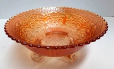 Antique Fenton  "Two Flowers" Marigold Carnival Glass 3 Footed Bowl Sawtooth Rim