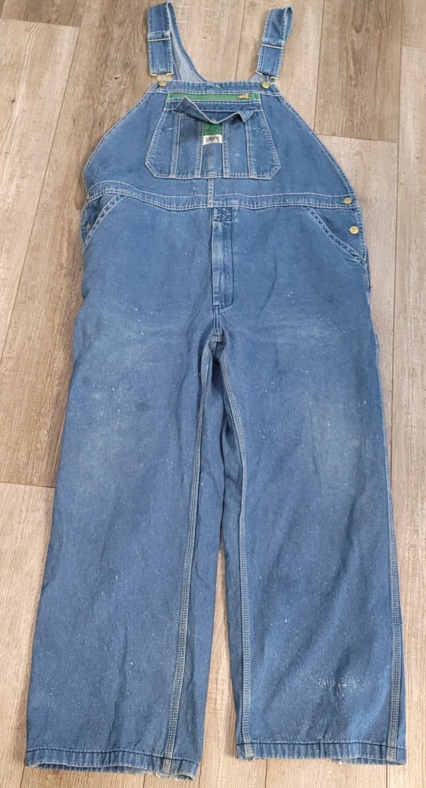 Liberty Men's Measure 42x28 Carpenter Blue Denim Farming Distressed Overalls