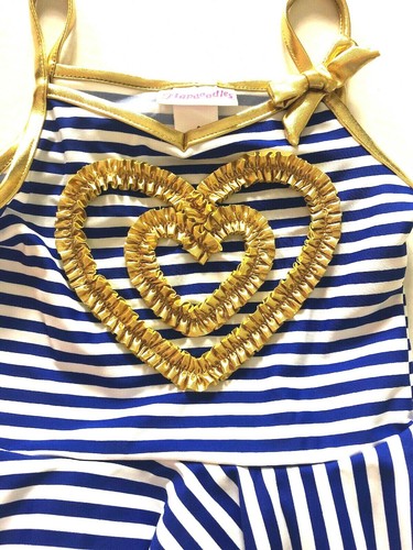 Flapdoodles Swimsuit 2 Piece Tankini Blue Stripe Gold Accent UPF 50+ Sz 5 - Picture 2 of 12