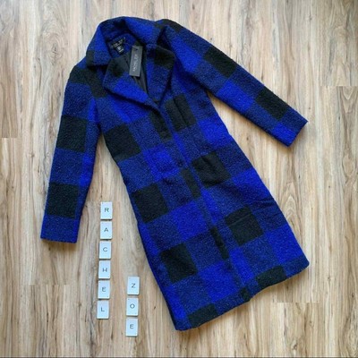 Rachel Zoe NWT Buffalo Plaid in Bright Blue and Black - Midi Length Over Coat XS