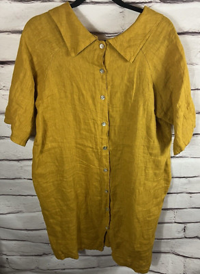 Plaza Del Tempio Women's Size L Yellow Button Up Short Sleeve Dress 100% Linen