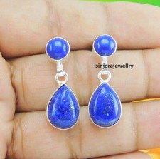 Lapis Lazuli Gemstone 925 sterling silver handmade stud Earrings 1" inch