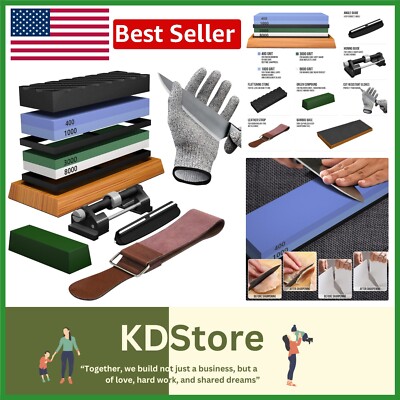 4-Sided Knife Sharpening Stone Set with Bamboo Base & Accessories