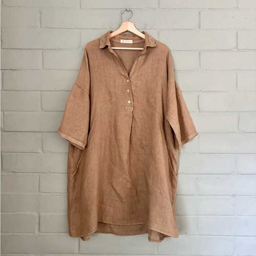 Blanco de Ibiza 100% Linen Tunic Brown Top One Size | Boho Oversized Handmade