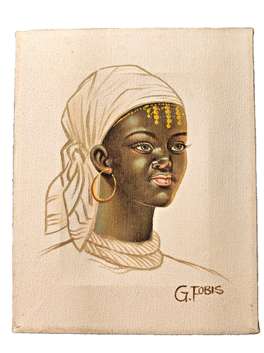 2 vintage Canvas Painting Native African Woman Portraits Signed G Fobis 8"x10" - Picture 6 of 10