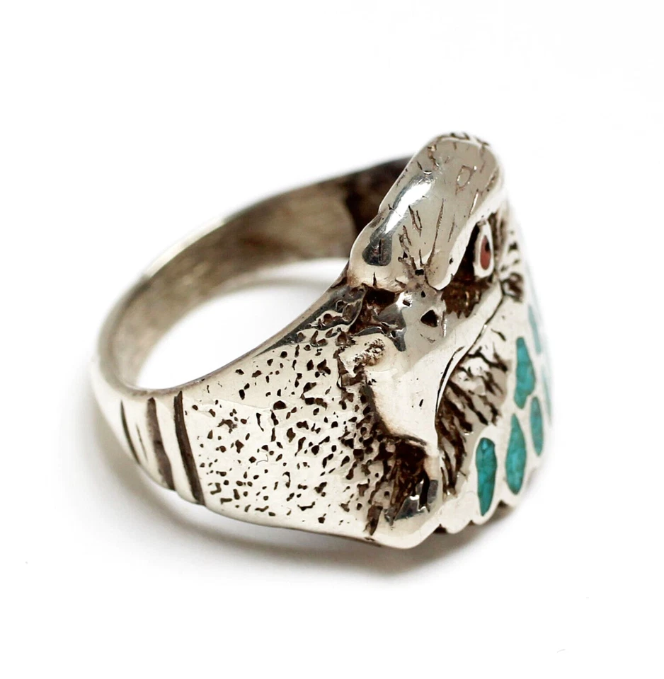 Indianerring 925 Silber Adler Adlerkopf Türkis Koralle Indianer Herrenring Gr 58 - Bild 2 von 4