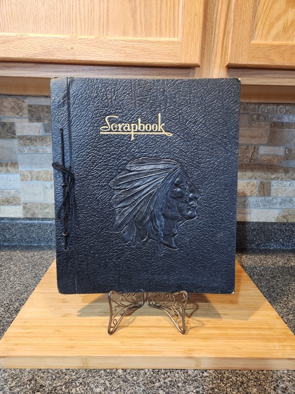 Vintage Black embossed "Indian Head" scrapbook, 1950's, 14"Lx12"W