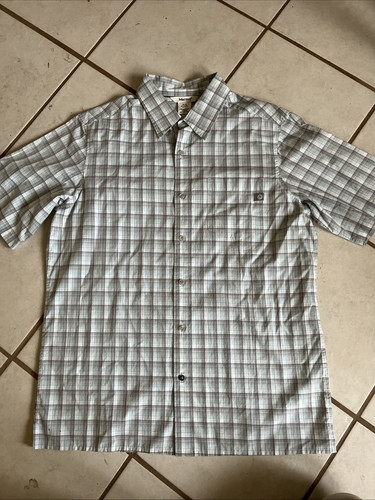 Marmot Mens Organic Cotton Gray Blue Plaid Short Sleeve Button Up Shirt Medium