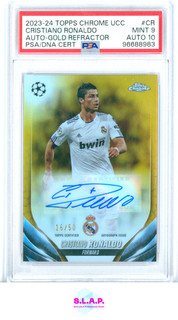 CRISTIANO RONALDO TOPPS CHROME UCC 16/50 CR AUTO GOLD REFRACTOR 2023 24 10 PSA 9