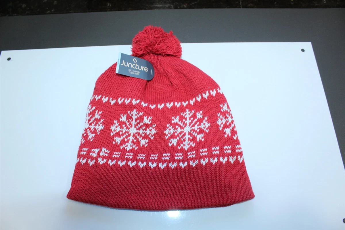 Winter Knit Hat Fleece Lined Beanie With Pom Red & White  display picture 1