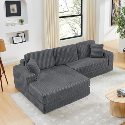 112.6'' L Shape Convertible Sectional Sofa Corduroy Boneless with Left Chaise