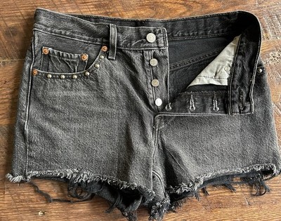 Levi's 501 Denim Distressed Cut Off Shorts W27 Black Button Fly High Rise