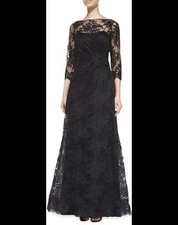 Rickie Freeman Teri Jon 3/4 Sleeves Lace Overlay Ruched Gown Black Beaded Size 8