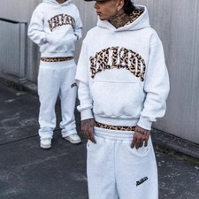 Streetwear Tracksuit: Leopard Print Embroidered Hoodie and Matching Pants for Me