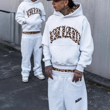 Streetwear Tracksuit: Leopard Print Embroidered Hoodie and Matching Pants for Me