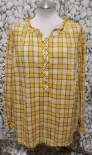 Talbots Top Plus Size 2X Yellow Plaid Blouse Ruffle Lightweight Long Sleeve