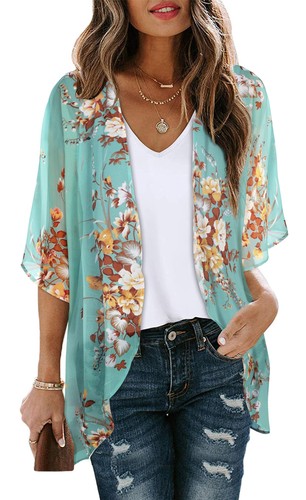 Womens Kimonos Bathingsuit Cover Ups Floral Cardigan 3/4 Sleeves Shrug Summer...