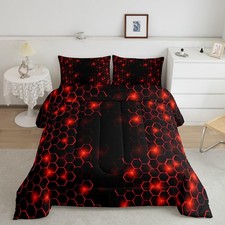 Red and Black Bedding Set Twin Size Boys Girls Honeycomb Comforter Set for Ki...