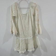 Womens Mini Floral Eyelet Dress One Size Ivory Flare Sleeve Peasant Boho Western