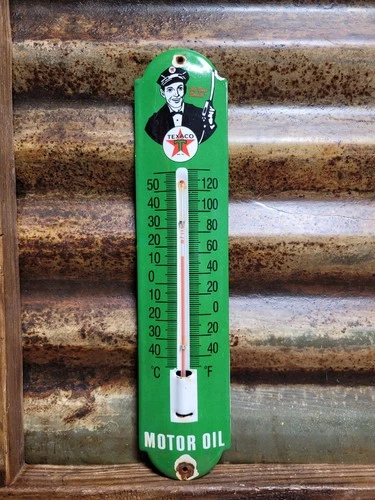 VINTAGE TEXACO PORCELAIN SIGN OLD 12" THERMOMETER MOTOR OIL GAS PUMP STATION