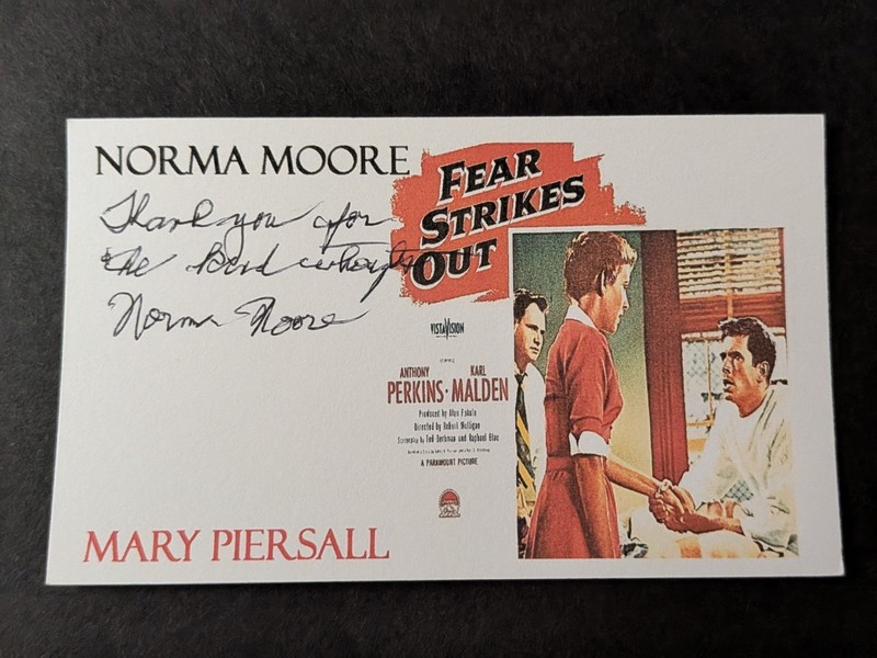 Norma Moore Signed Index Card - Fear Strikes Out
