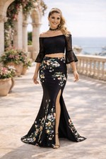 2 Piece Black Lace Top Black Floral Print Stretch Jersey Prom Dress Size 2