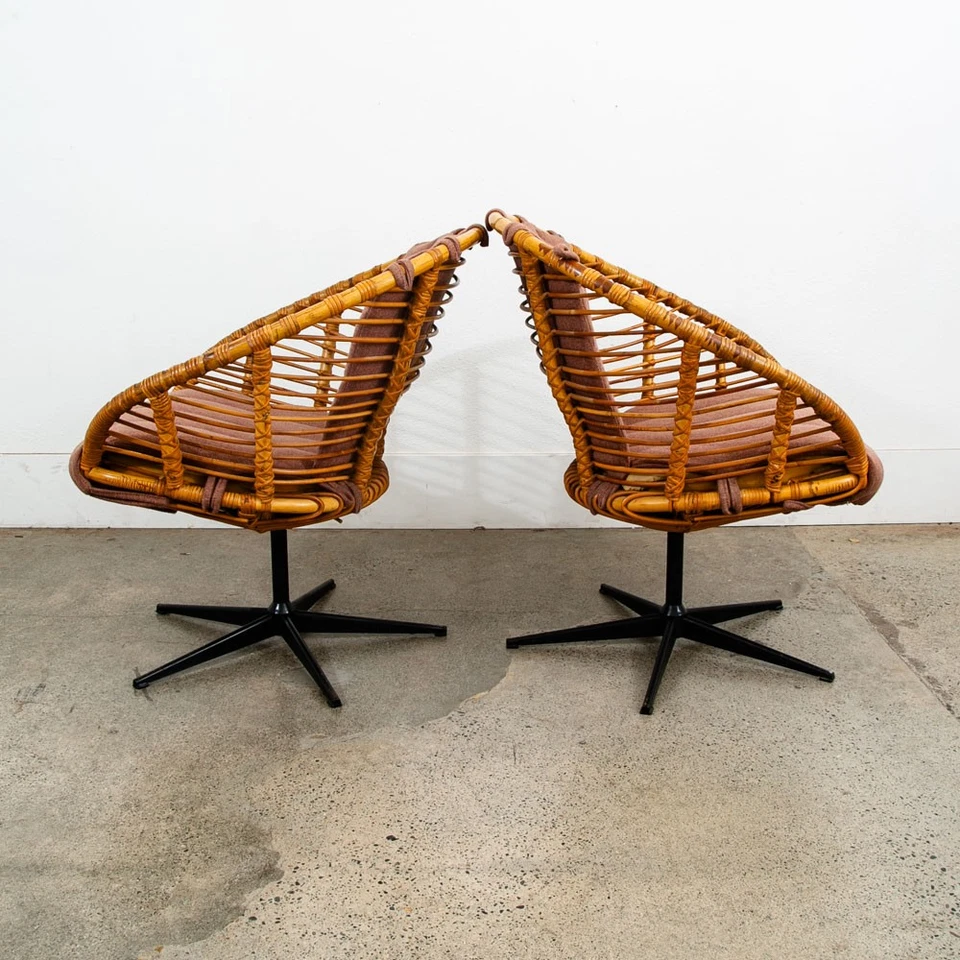 Mid Century Modern Lounge Chair Set Black Swivel Rattan Pink Rose Fabric Denmark - Image 2 of 4