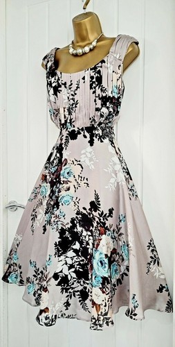 Details about Monsoon Grey Turquoise "Oregan" Floral Fit Flare Occasion Dress - Size 16