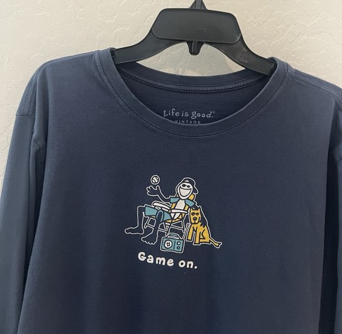 Life Is Good Herren Vintage Langarm T-Shirt Game On 100% Baumwolle Gr. L Blau - Bild 2 von 7