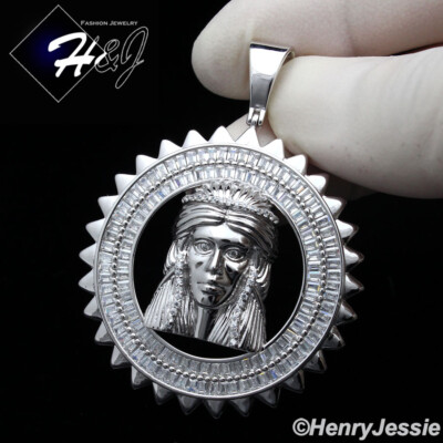 925 STERLING SILVER ICY BLING CUBIC ZIRCONIA 3D JESUS FACE ROUND ...