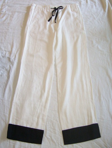 Ann Demeulemeester, ANN DEMEULEMEESTER Vintage Ivory Black Hemp Color Block Wide Leg Pants 6 8