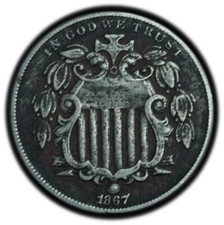 1867 Shield Nickel XF Condition - Nice Eye Appeal!