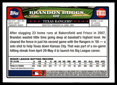 2008 Topps Updates & Highlights Brandon Boggs #UH111 Rookie RC Texas Rangers - Picture 2 of 2