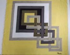 70s Yellow Black Geometric Squares PAOLI SCARF 100% ACETATE Vintage Satin Feel