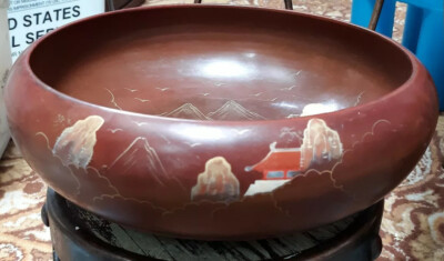 AIZU Japanese Cherry Wood Redish Brown Lacquer Bowl Blue Red Gold