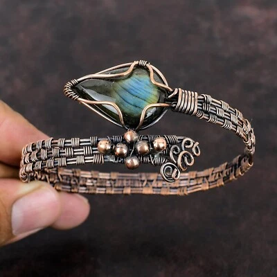 Labradorite Wire Wrapped Adjustable Cuff Handcrafted Copper Ethnic Gift Jewelry - Image 1 of 4