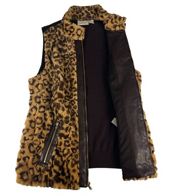 Chico's Leopard Faux Fur Zip Up Vest Women's Sz 0 Brown