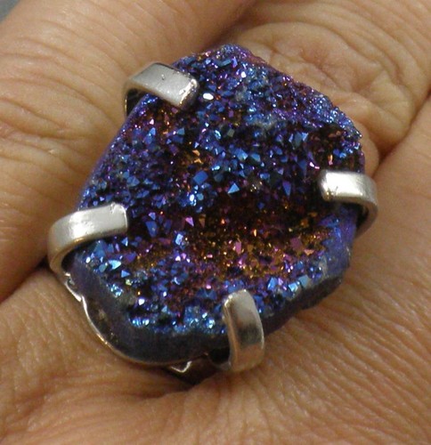 Blau lila dichroitisch beschichtet Druzy Achat Nuggety großer Fingerring verstellbar - Bild 5 von 5